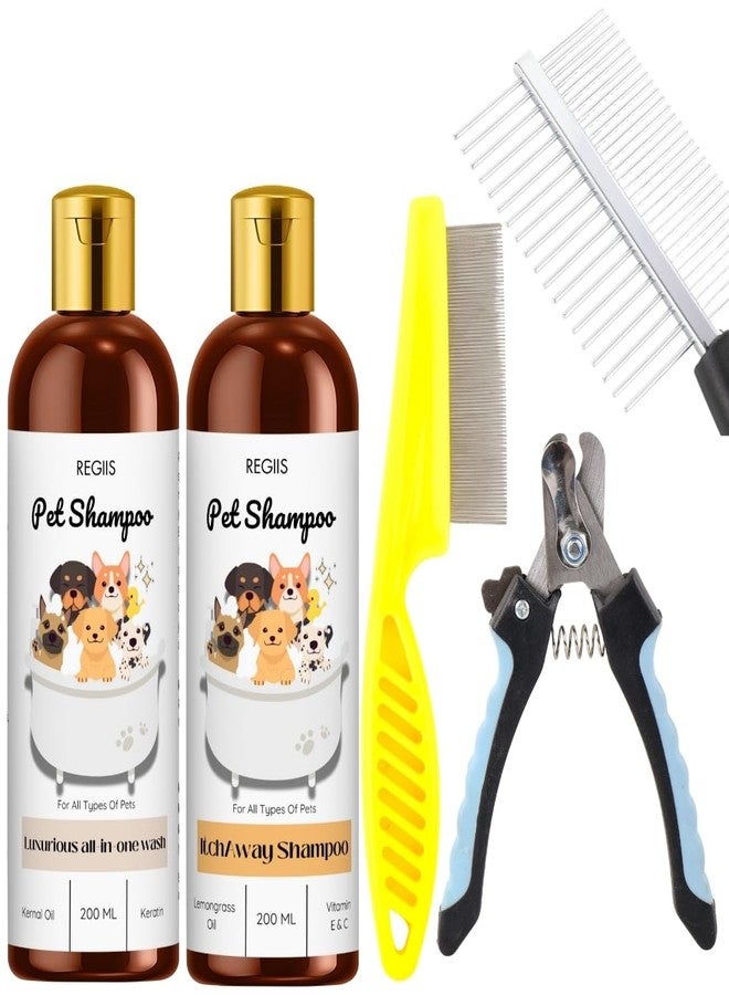 REGIIS Dog Grooming Kit with Pet Shampoo Set, 2 Bottles 200ml, Nail Clippers, Metal Comb, Brush for All Types of Pets(5 Pack) - Image 1